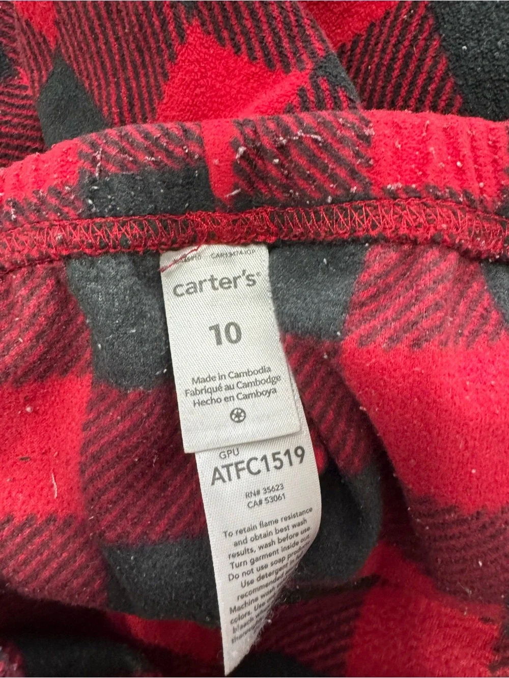 Carter's White Top with Red & Black Buffalo Plaid Pants Pajama Set Size 10